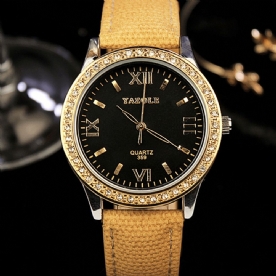 Yazole 359 Mode Dames Quartz Horloge Retro Crystal Gold Luxe Lederen Horloge Dameshorloge