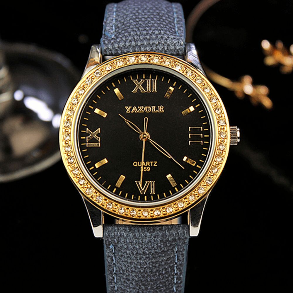 Yazole 359 Mode Dames Quartz Horloge Retro Crystal Gold Luxe Lederen Horloge Dameshorloge