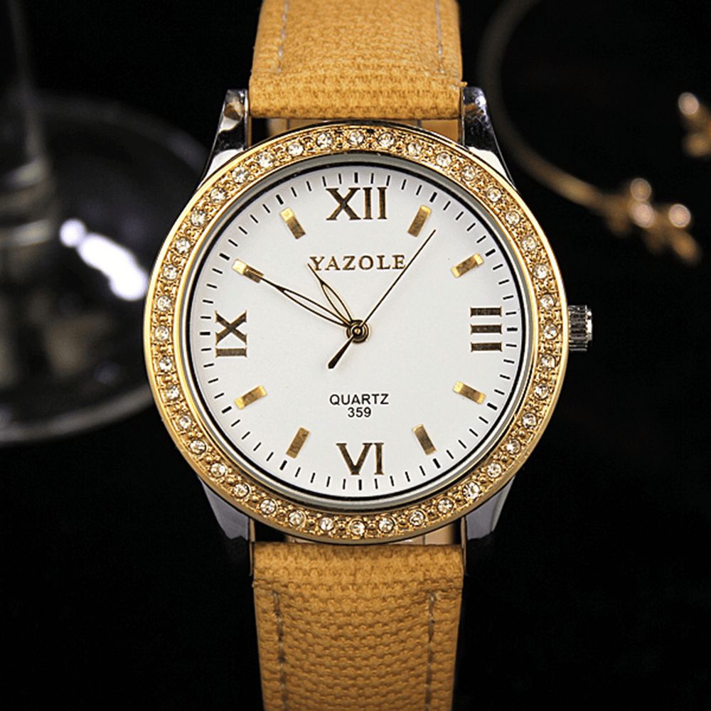 Yazole 359 Mode Dames Quartz Horloge Retro Crystal Gold Luxe Lederen Horloge Dameshorloge