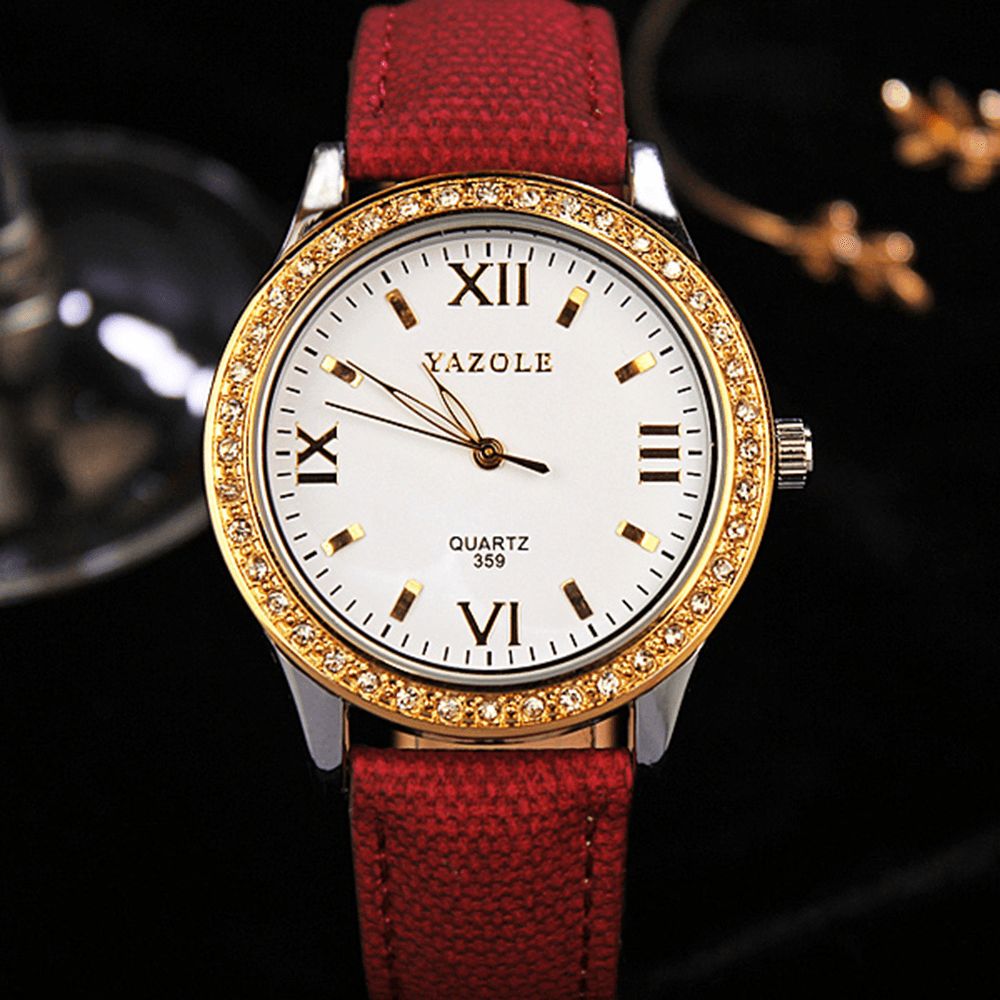 Yazole 359 Mode Dames Quartz Horloge Retro Crystal Gold Luxe Lederen Horloge Dameshorloge