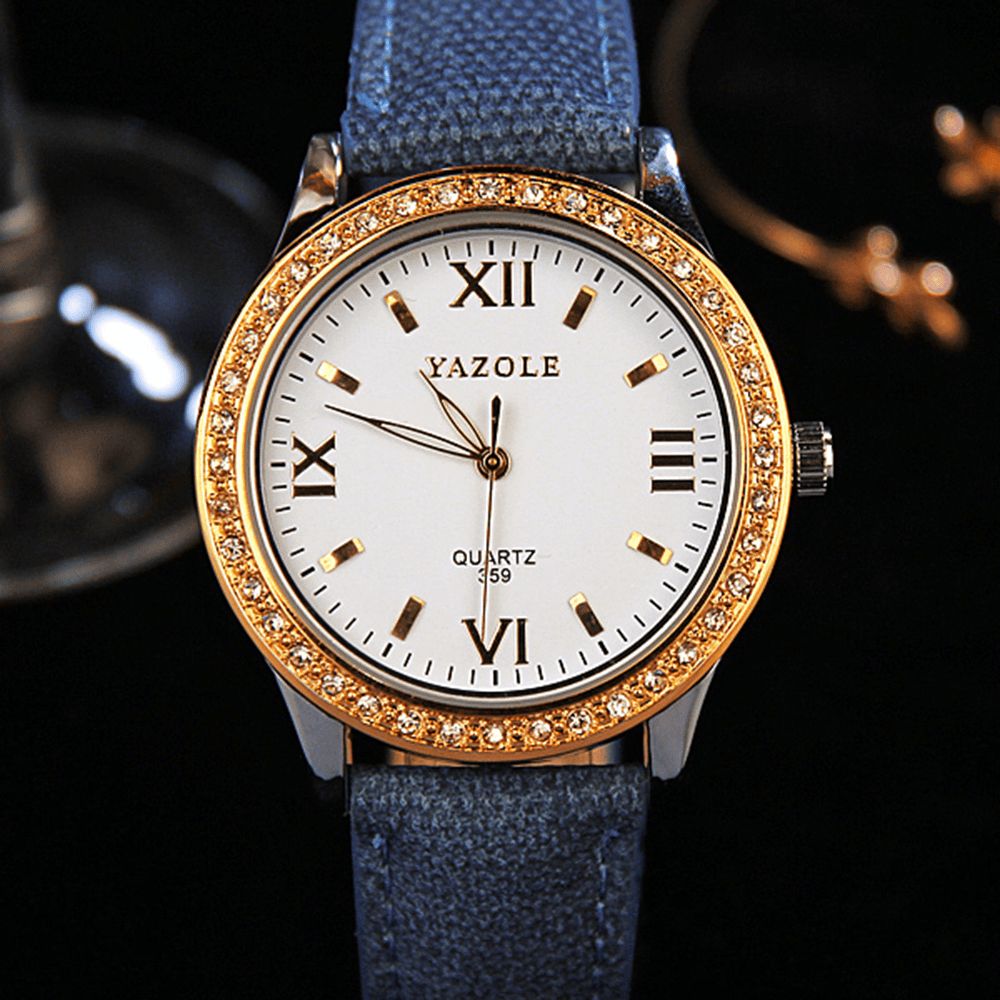 Yazole 359 Mode Dames Quartz Horloge Retro Crystal Gold Luxe Lederen Horloge Dameshorloge