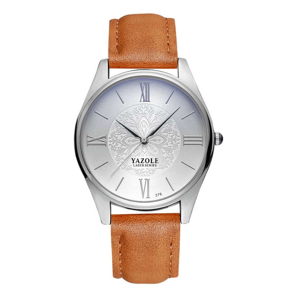 Yazole 376 Mode Eenvoudige Wijzerplaat Lederen Band Heren Horloge Quartz Horloge