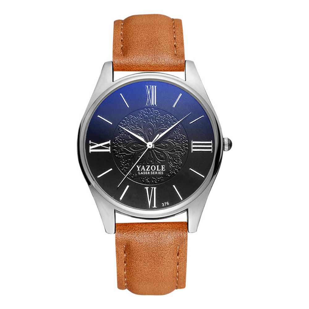 Yazole 376 Mode Eenvoudige Wijzerplaat Lederen Band Heren Horloge Quartz Horloge