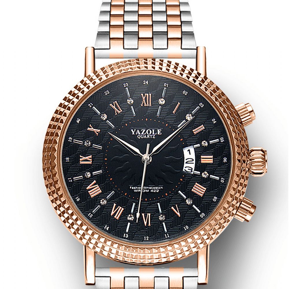 Yazole 406 422 Lederen Band Romeinse Cijfers Crystal Dial Mode Heren Quartz Horloge