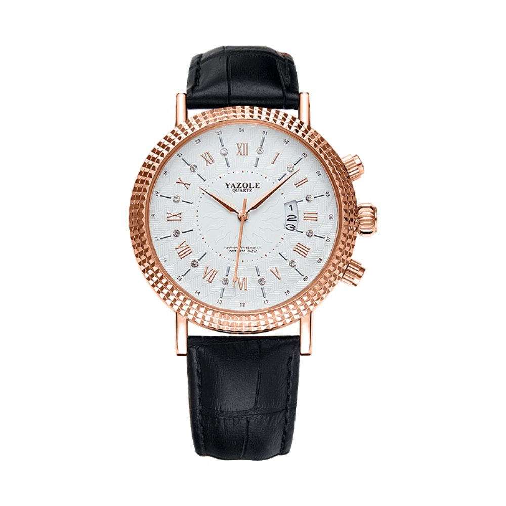 Yazole 422 Lederen Band Romeinse Cijfers Crystal Dial Mode Heren Waterdicht Quartz Horloge