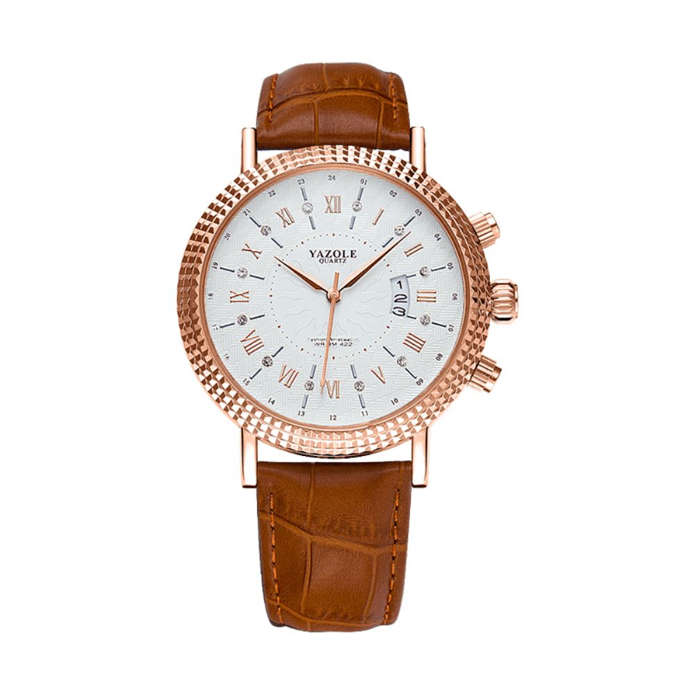 Yazole 422 Lederen Band Romeinse Cijfers Crystal Dial Mode Heren Waterdicht Quartz Horloge