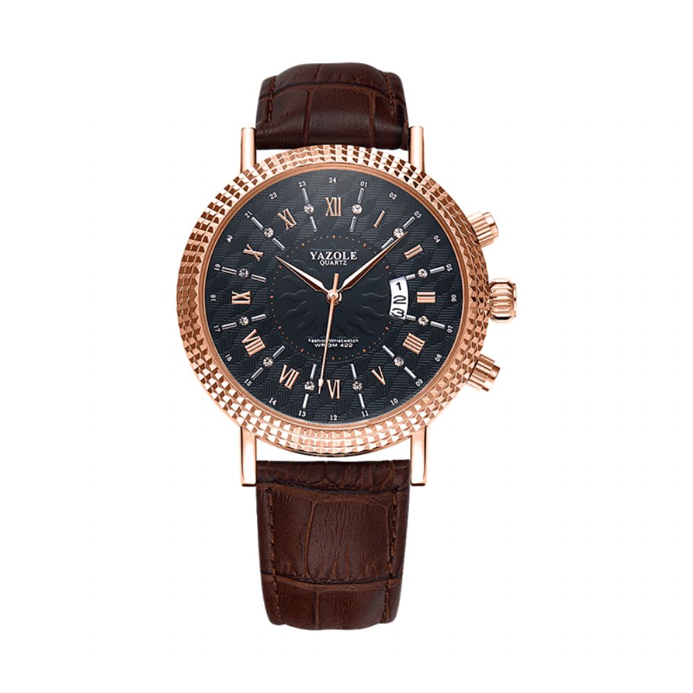 Yazole 422 Lederen Band Romeinse Cijfers Crystal Dial Mode Heren Waterdicht Quartz Horloge