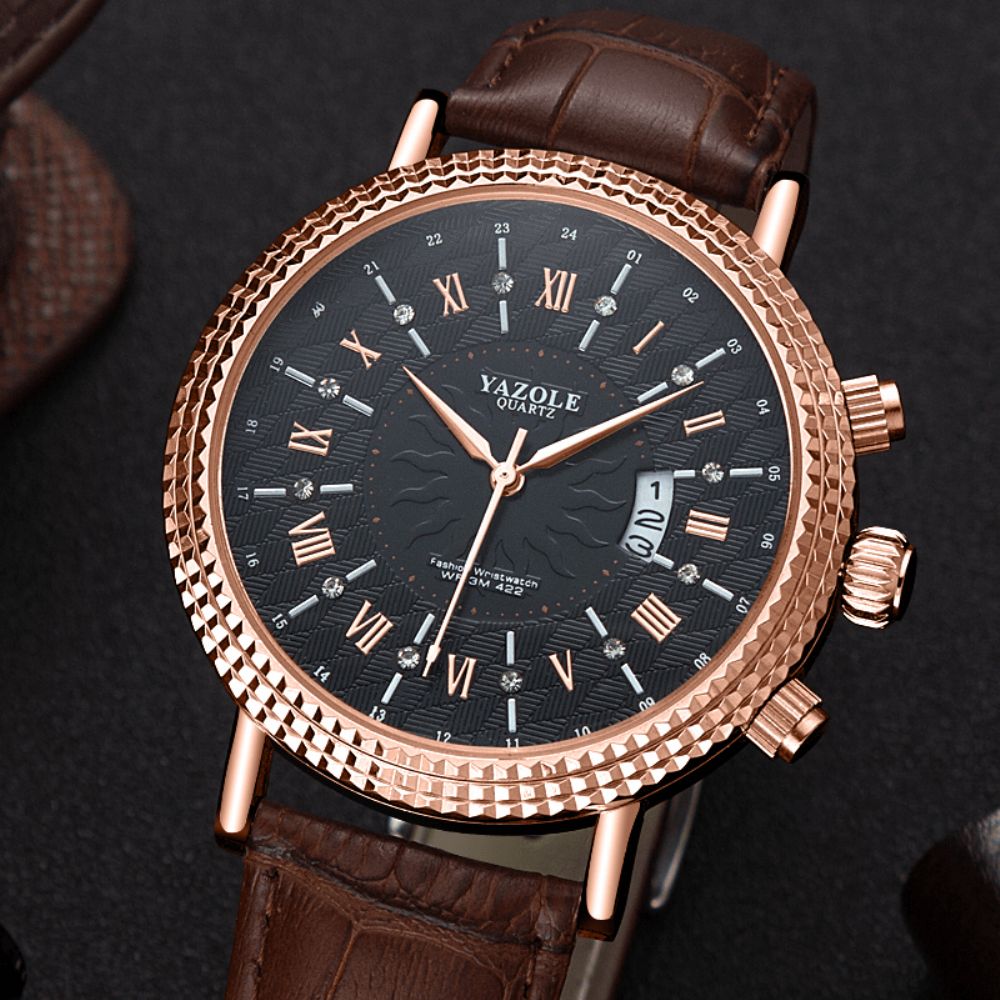 Yazole 422 Lederen Band Romeinse Cijfers Crystal Dial Mode Heren Waterdicht Quartz Horloge