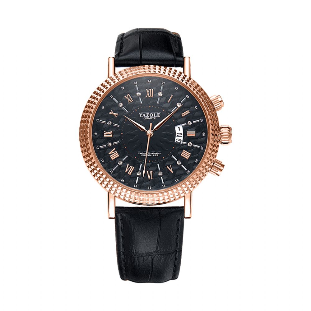 Yazole 422 Lederen Band Romeinse Cijfers Crystal Dial Mode Heren Waterdicht Quartz Horloge