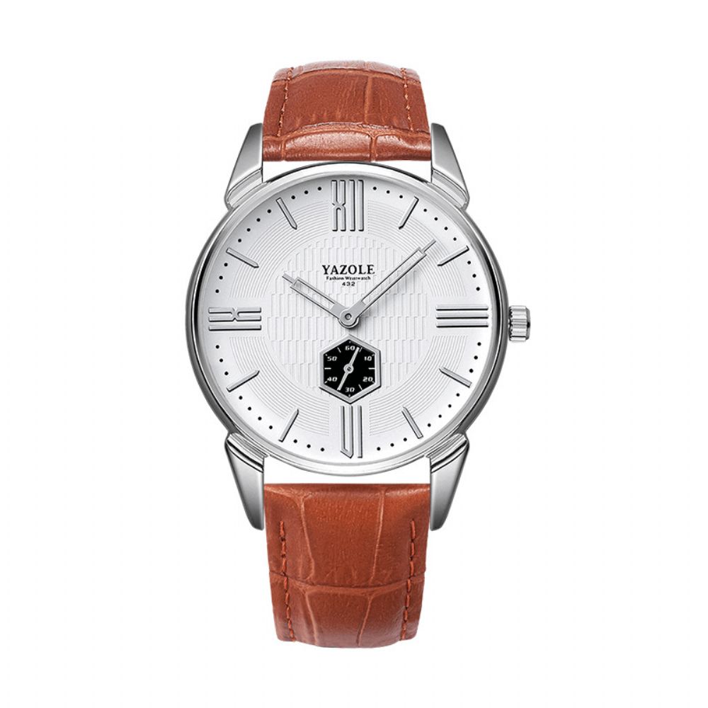 Yazole 432 Herenhorloge Vintage Zakelijk Casual Lederen Band 3Atm Waterdicht Tweehandig Quartz Horloge