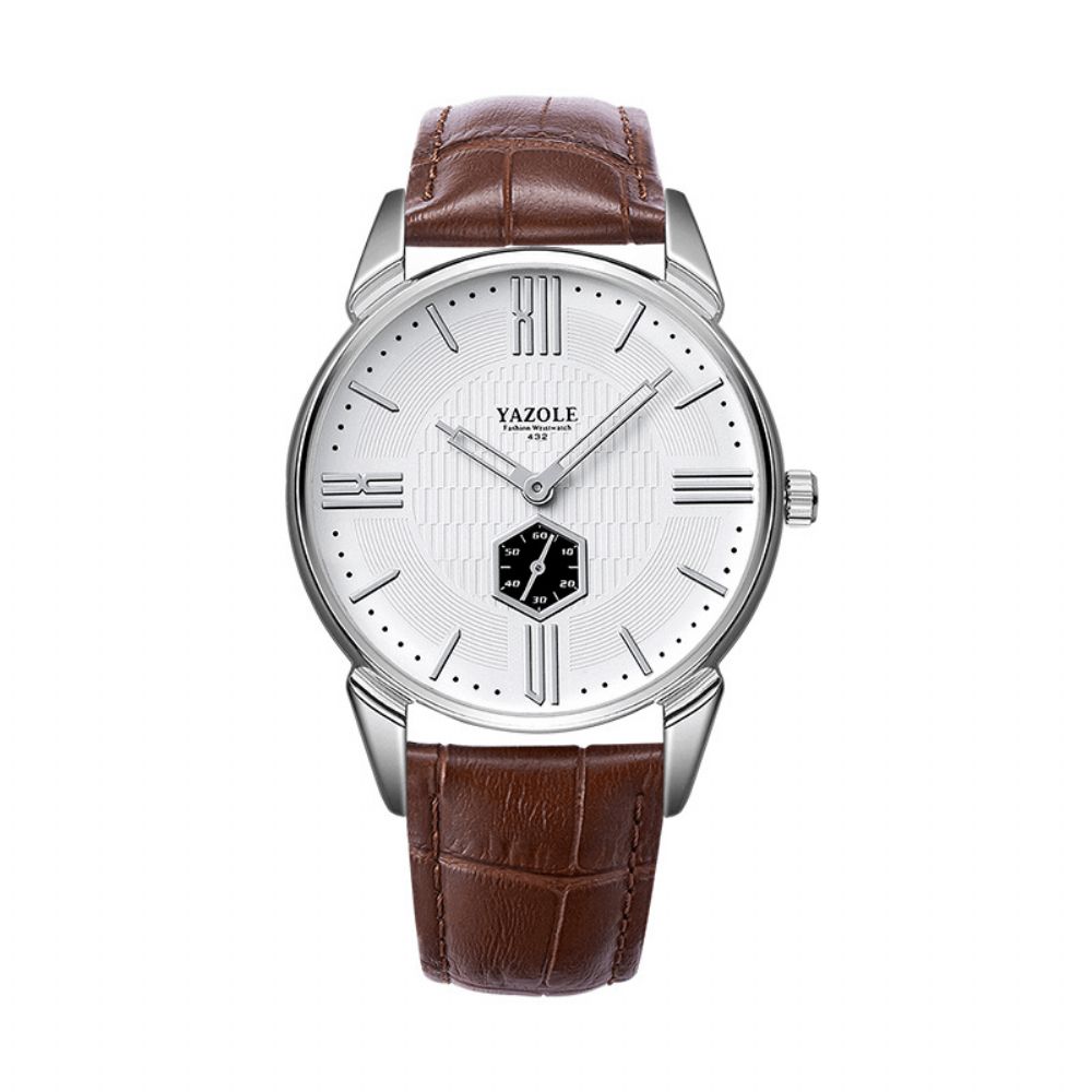 Yazole 432 Herenhorloge Vintage Zakelijk Casual Lederen Band 3Atm Waterdicht Tweehandig Quartz Horloge