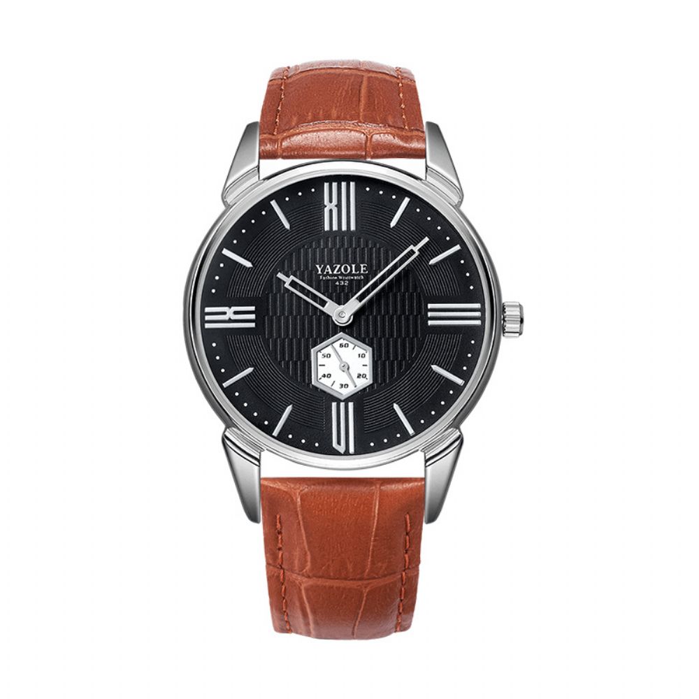 Yazole 432 Herenhorloge Vintage Zakelijk Casual Lederen Band 3Atm Waterdicht Tweehandig Quartz Horloge