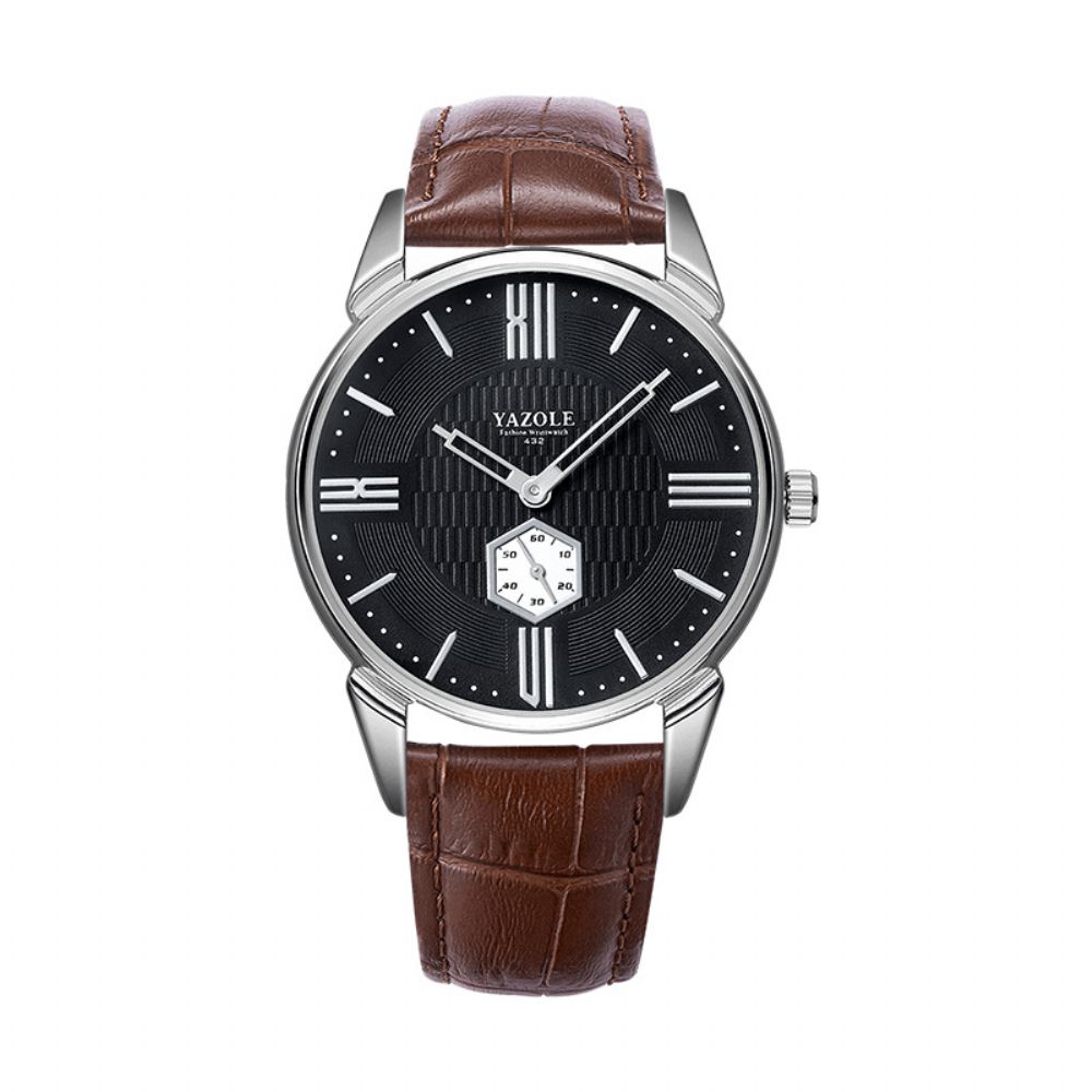 Yazole 432 Herenhorloge Vintage Zakelijk Casual Lederen Band 3Atm Waterdicht Tweehandig Quartz Horloge