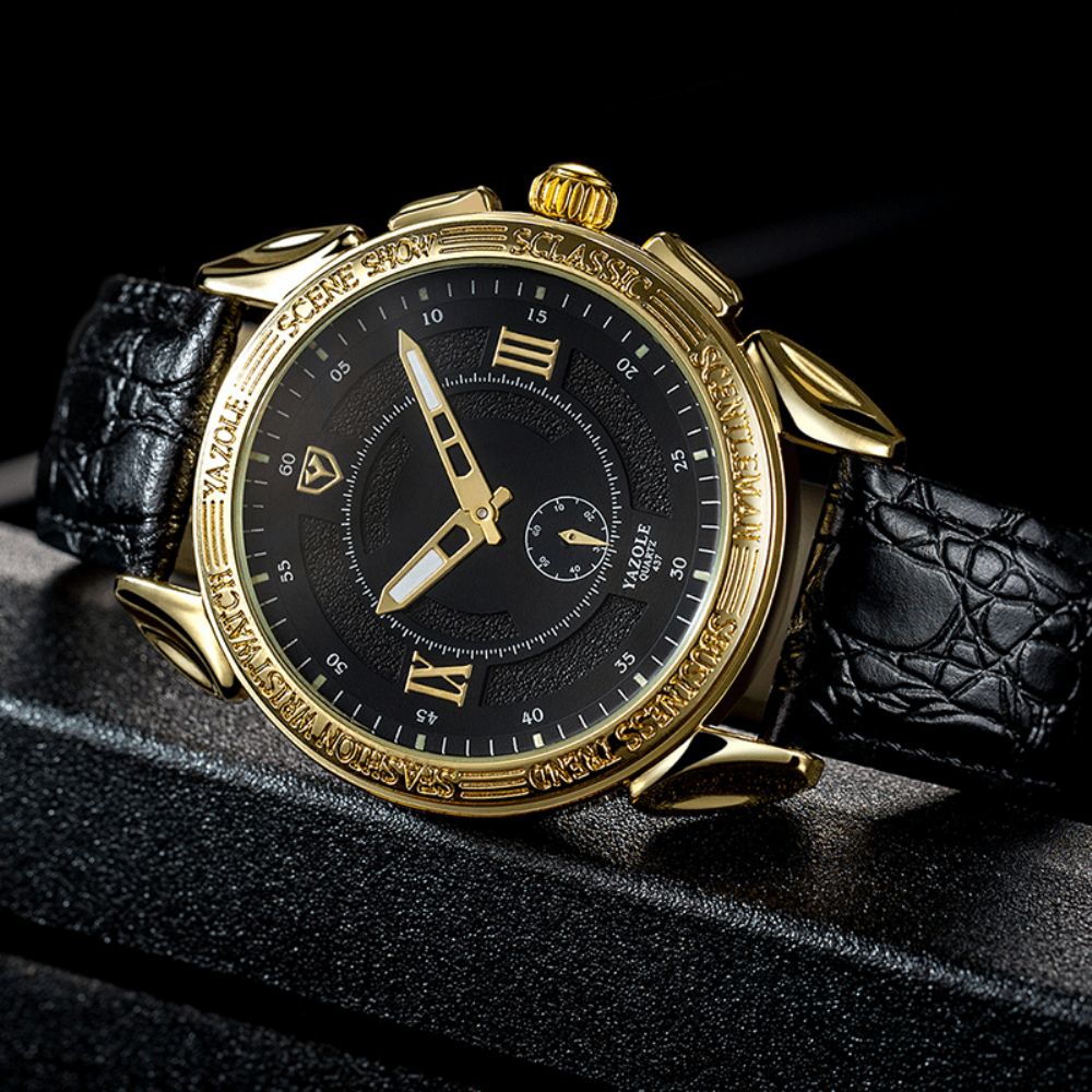 Yazole 437 Lichtgevende Display Kleine Seconden Wijzerplaat Lederen Band Gouden Metalen Kast Heren Quartz Horloge