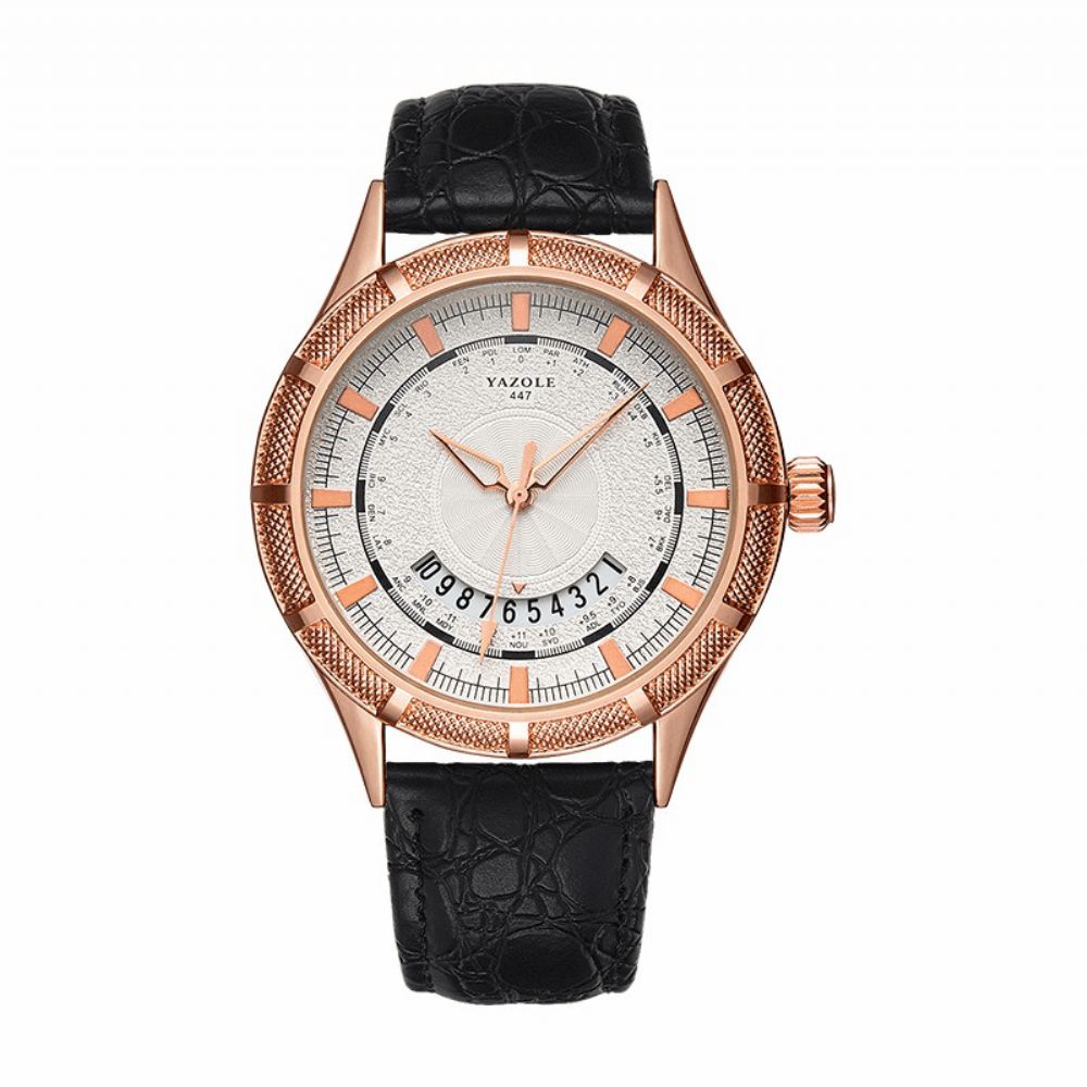 Yazole 447 Metalen Behuizing Textuur Wijzerplaat Datumweergave Mode Lederen Band Heren Quartz Horloge