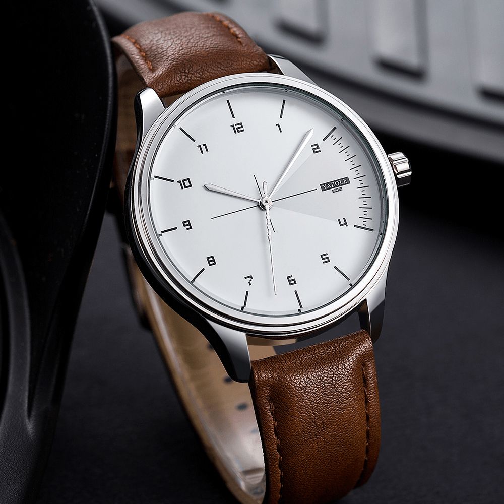 Yazole 502 Heren Klassiek Lederen Band Eenvoudige Mode Wijzerplaat Zakelijke Stijl Quartz Horloge