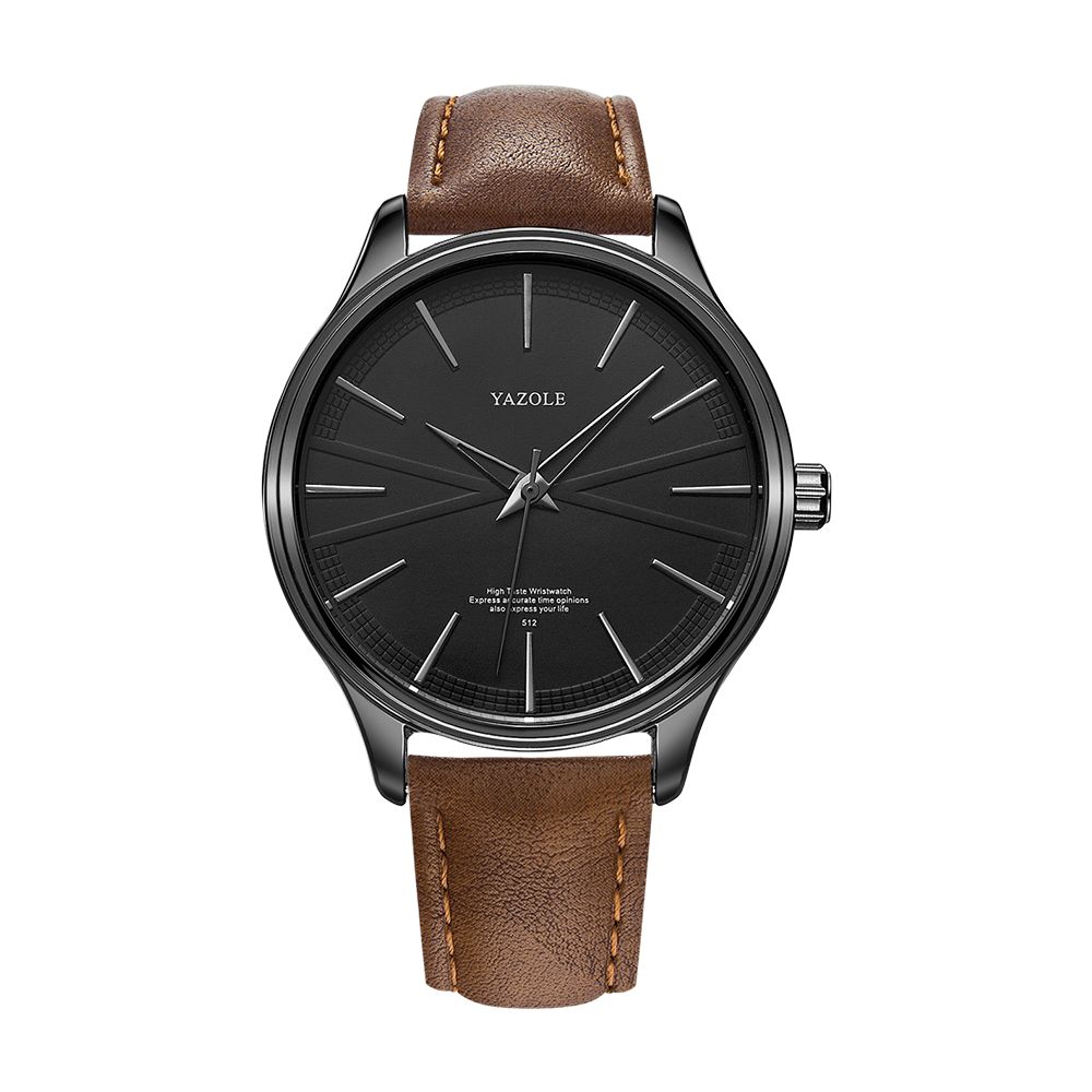 Yazole 512 Zakelijke Stijl Eenvoudige Wijzerplaat Schone Lijnen Lederen Band Heren Quartz Horloge