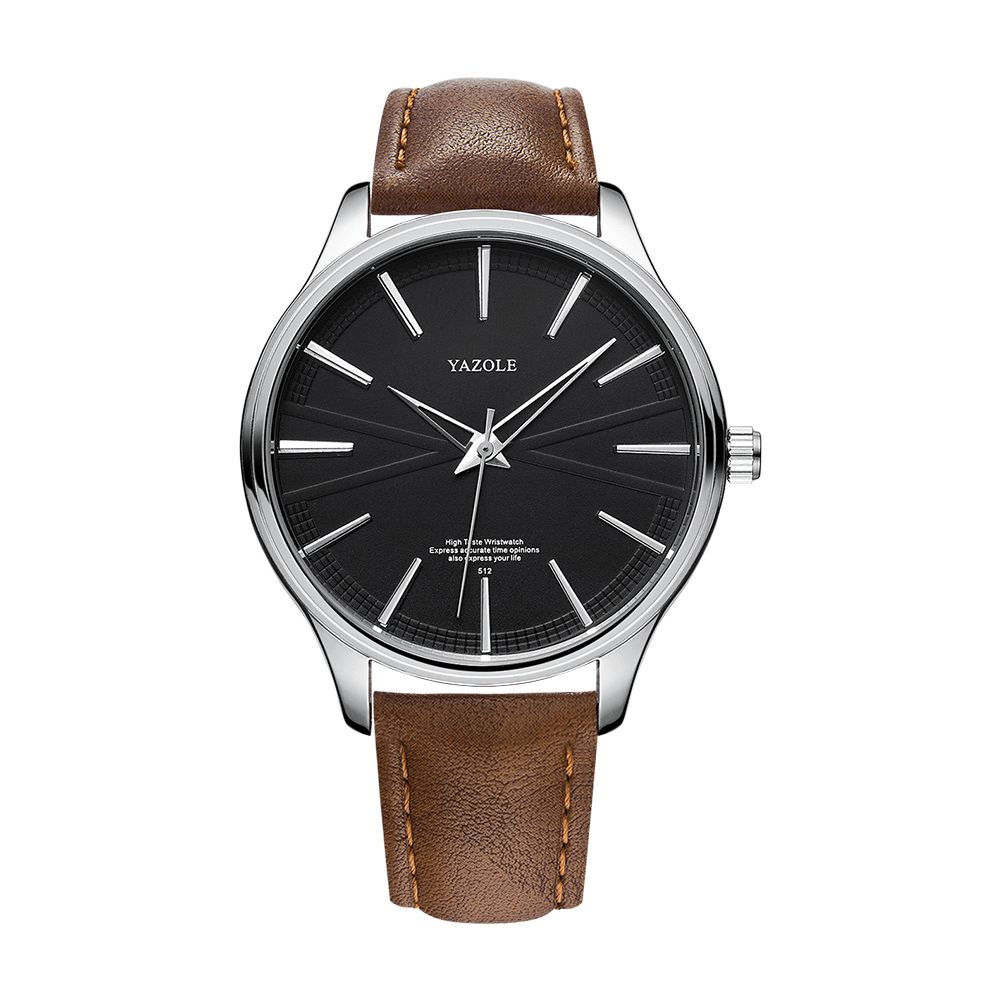 Yazole 512 Zakelijke Stijl Eenvoudige Wijzerplaat Schone Lijnen Lederen Band Heren Quartz Horloge