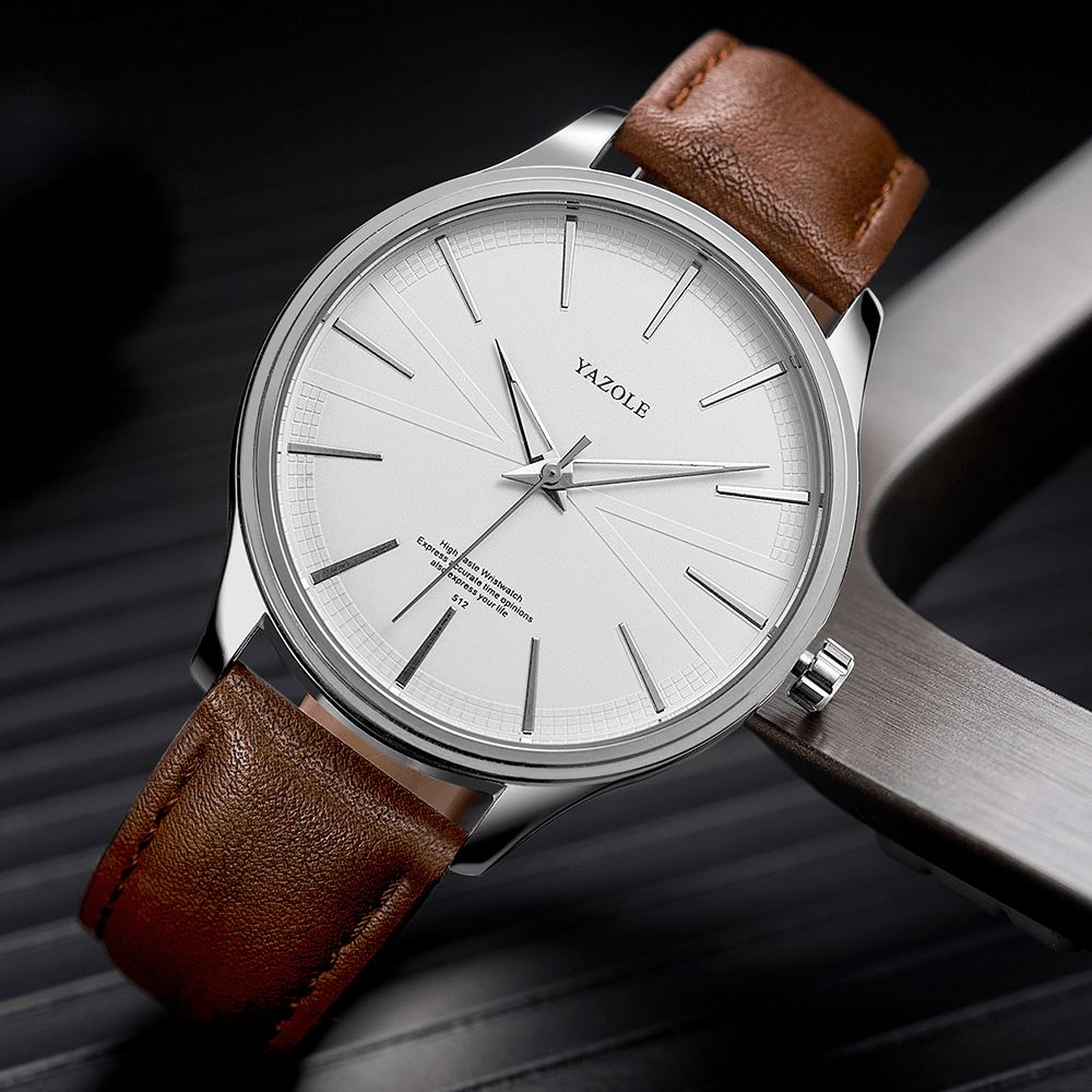 Yazole 512 Zakelijke Stijl Eenvoudige Wijzerplaat Schone Lijnen Lederen Band Heren Quartz Horloge