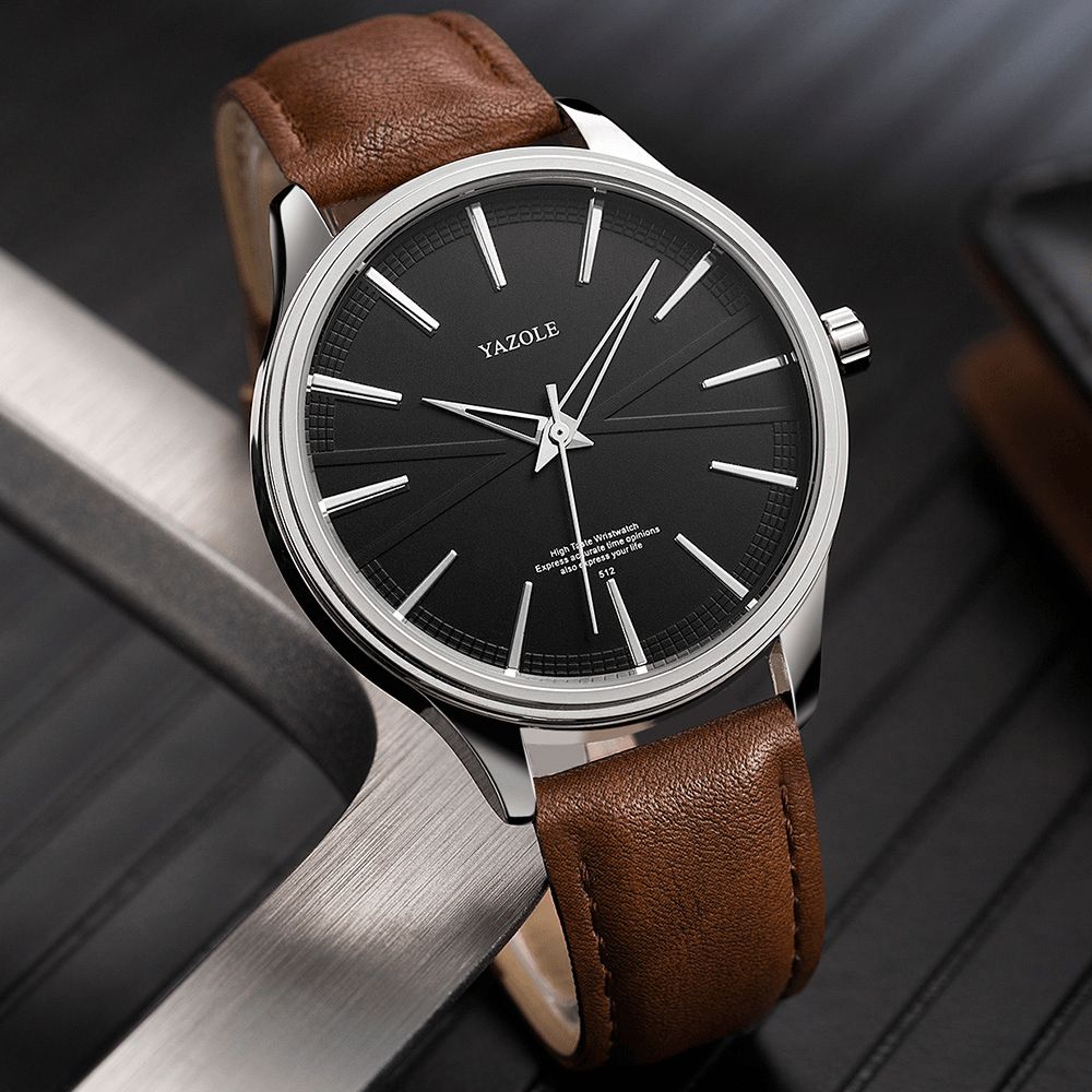 Yazole 512 Zakelijke Stijl Eenvoudige Wijzerplaat Schone Lijnen Lederen Band Heren Quartz Horloge