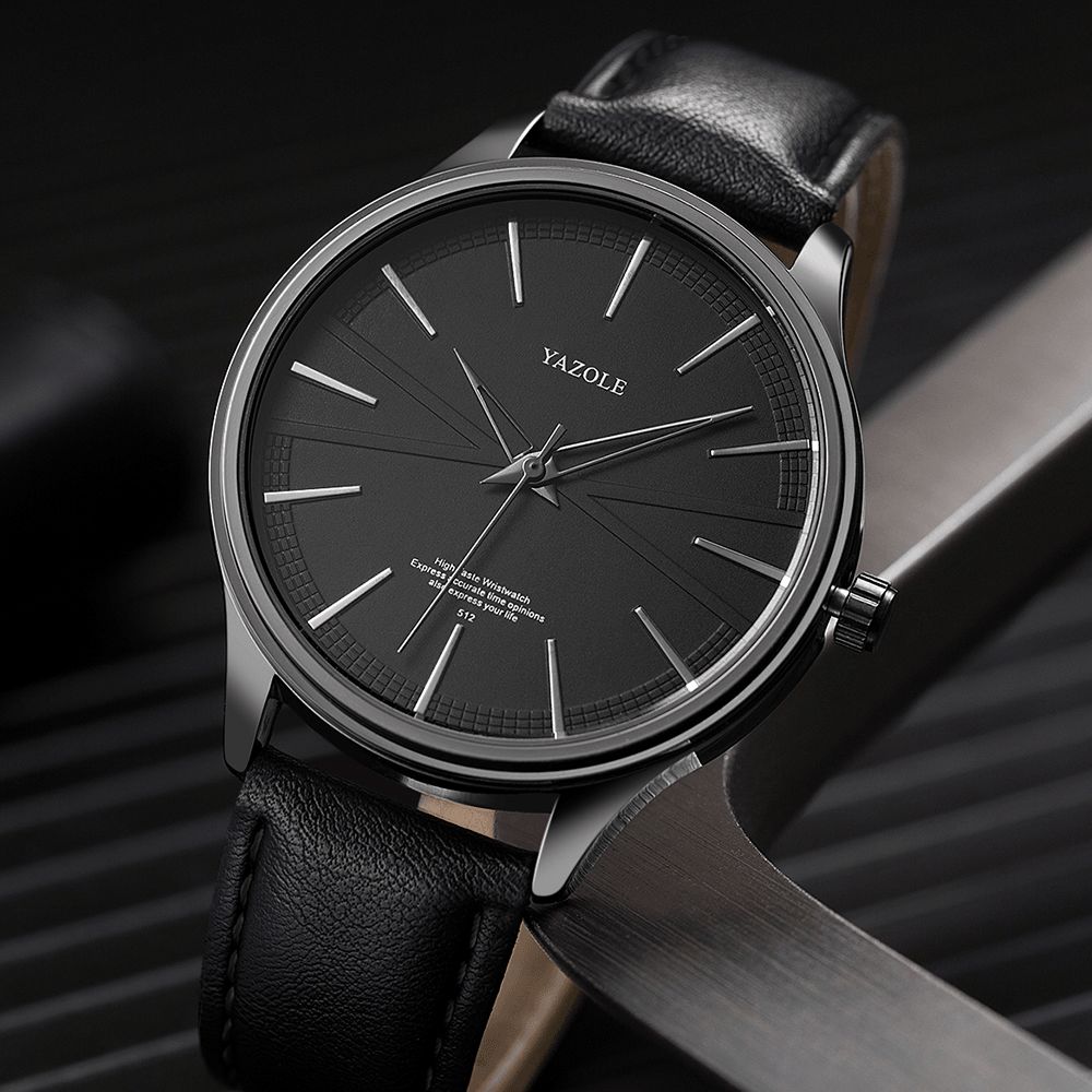 Yazole 512 Zakelijke Stijl Eenvoudige Wijzerplaat Schone Lijnen Lederen Band Heren Quartz Horloge