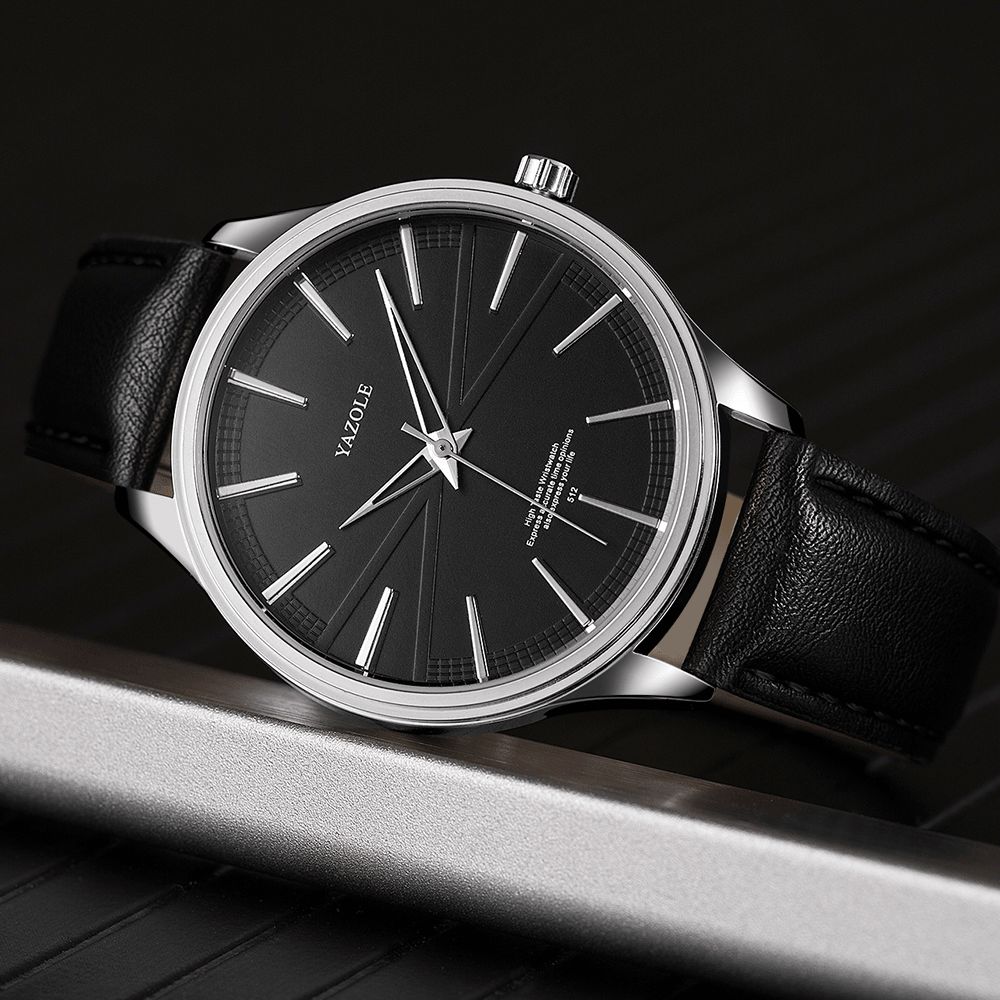 Yazole 512 Zakelijke Stijl Eenvoudige Wijzerplaat Schone Lijnen Lederen Band Heren Quartz Horloge