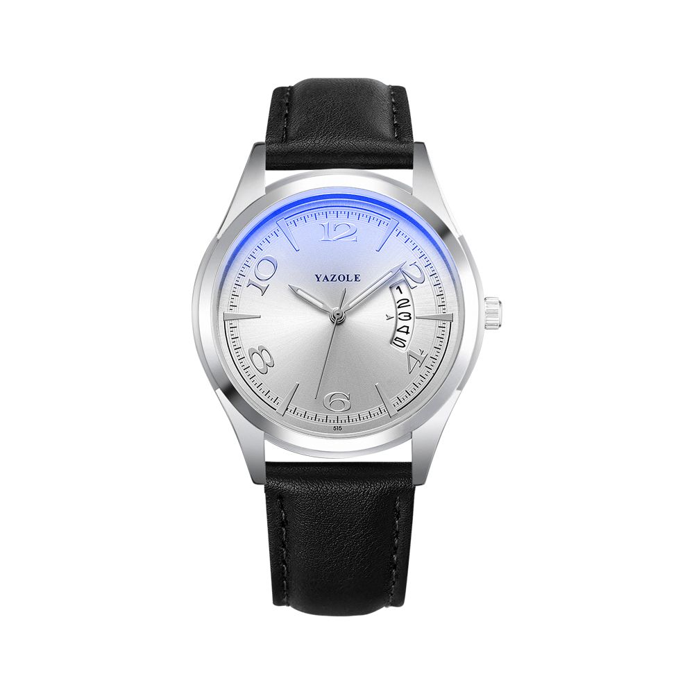 Yazole 515 Kalender Datumweergave Mode Lederen Band Mannen Casual Wijzerplaat Lichtgevende Display Quartz Horloge