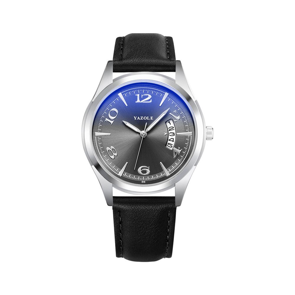 Yazole 515 Kalender Datumweergave Mode Lederen Band Mannen Casual Wijzerplaat Lichtgevende Display Quartz Horloge