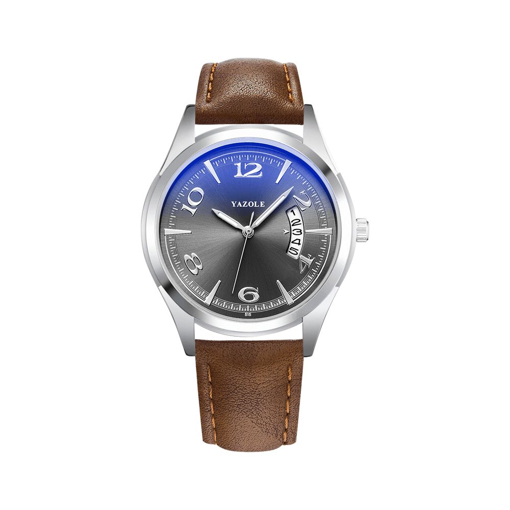 Yazole 515 Kalender Datumweergave Mode Lederen Band Mannen Casual Wijzerplaat Lichtgevende Display Quartz Horloge