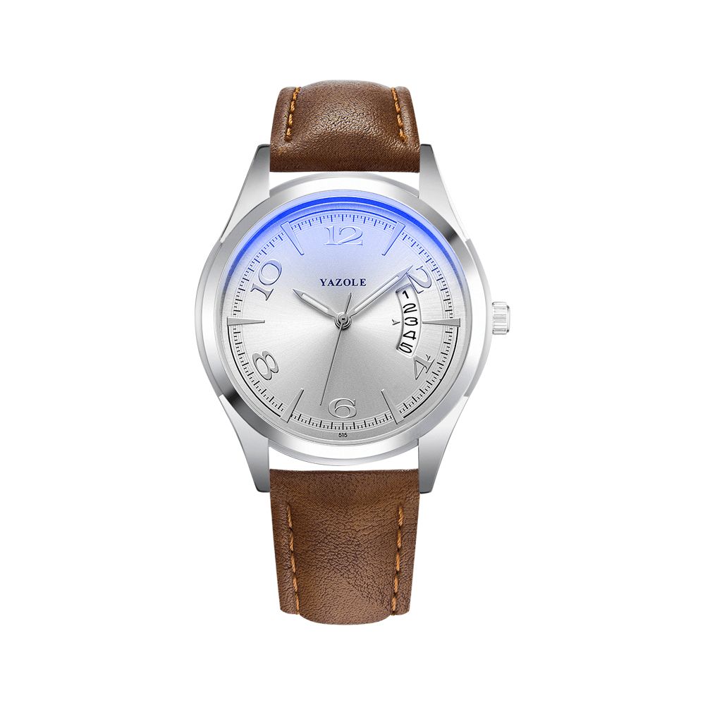 Yazole 515 Kalender Datumweergave Mode Lederen Band Mannen Casual Wijzerplaat Lichtgevende Display Quartz Horloge