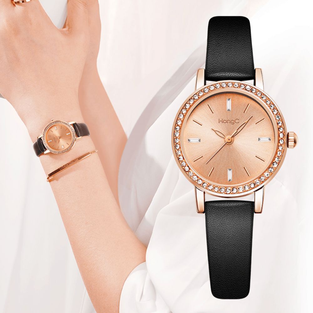 Yazole C003 Mode Toevallig Elegante Strass Decoratie 3Atm Waterdicht Vrouwelijk Pu Lederen Quartz Horloge