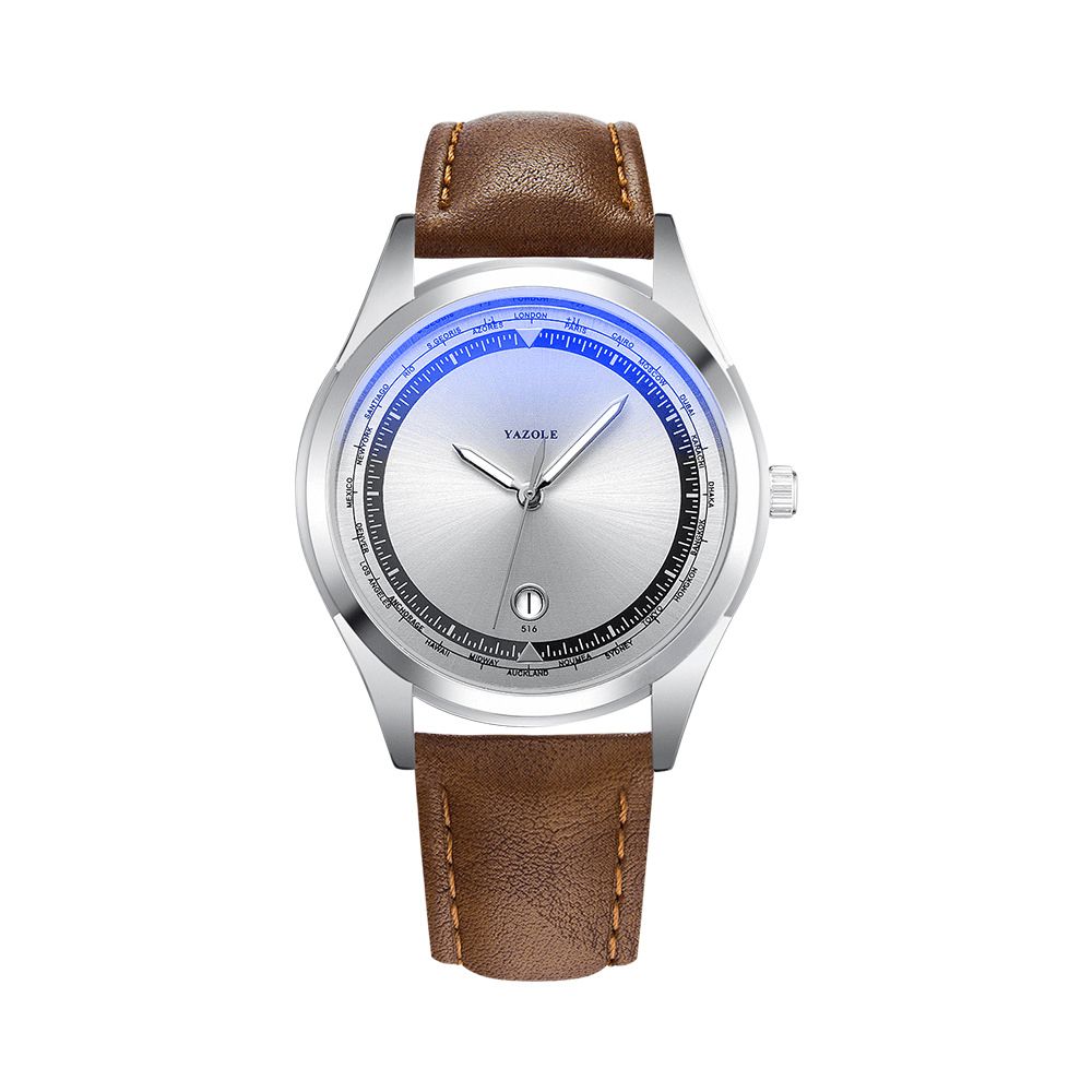 Yazole Mode Casual Lichtgevende Wijzer Met Kalender Wijzerplaat Pu Lederen Band Waterdicht Heren Quartz Horloge