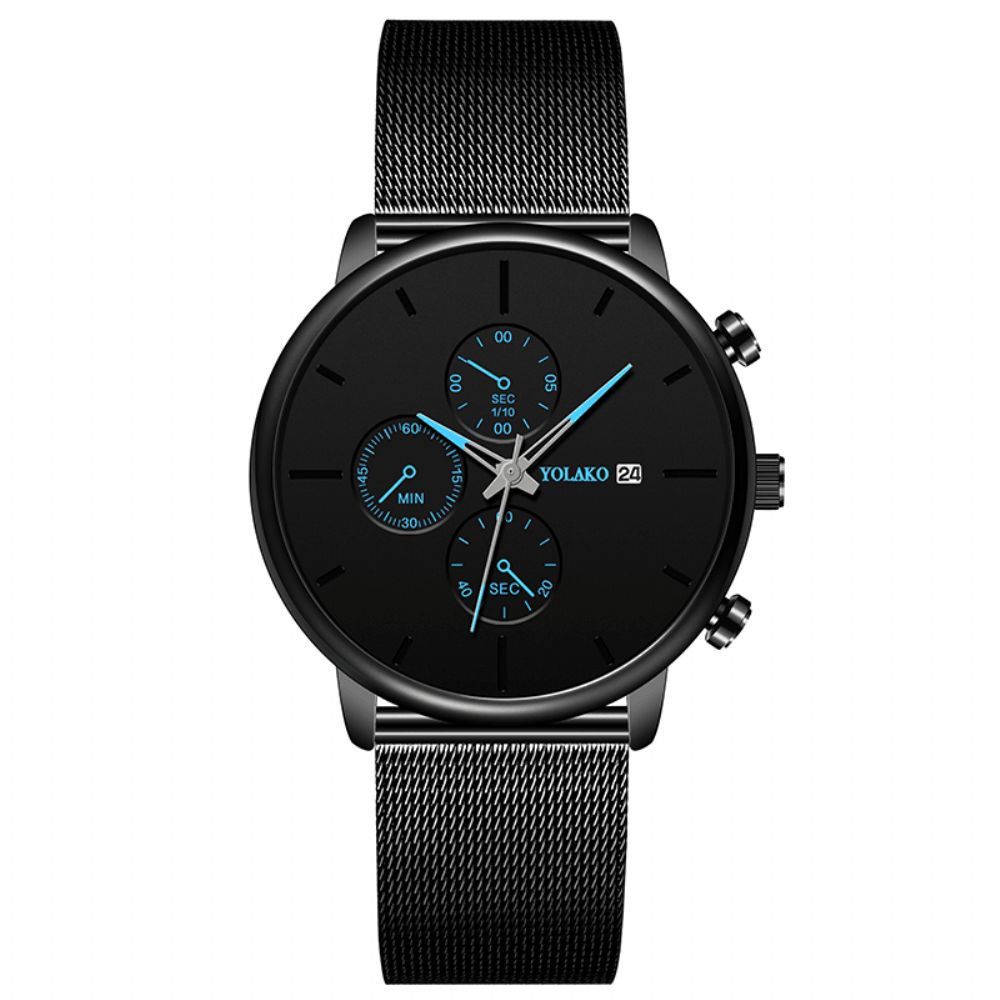 Yolako A0543 Masculino Mode Lichtgevende Kalender Heren Roestvrij Stalen Band Quartz Horloge