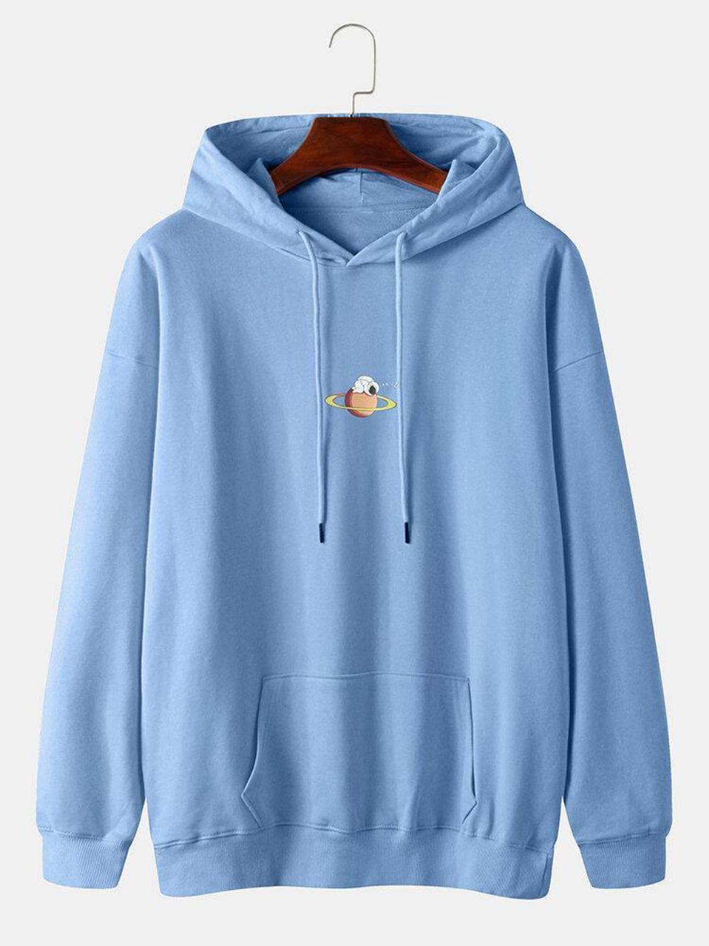 Astronaut Planet Print Drop Shoulder-Katoenen Herenhoodies Met Trekkoord