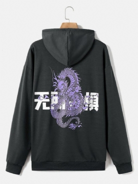 Heren Dragon Chinese Character Print 100% Katoenen Hoodies Met Trekkoord