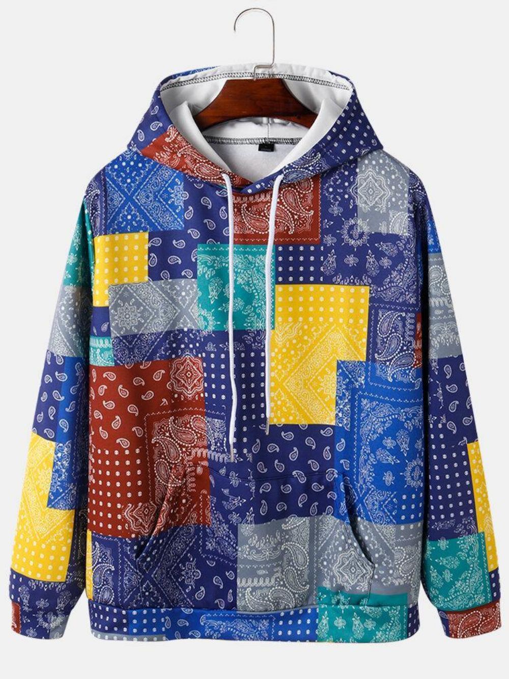 Herenhoodies Met Paisley-Print Colorblock Kangoeroezakken