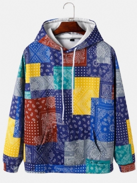 Herenhoodies Met Paisley-Print Colorblock Kangoeroezakken