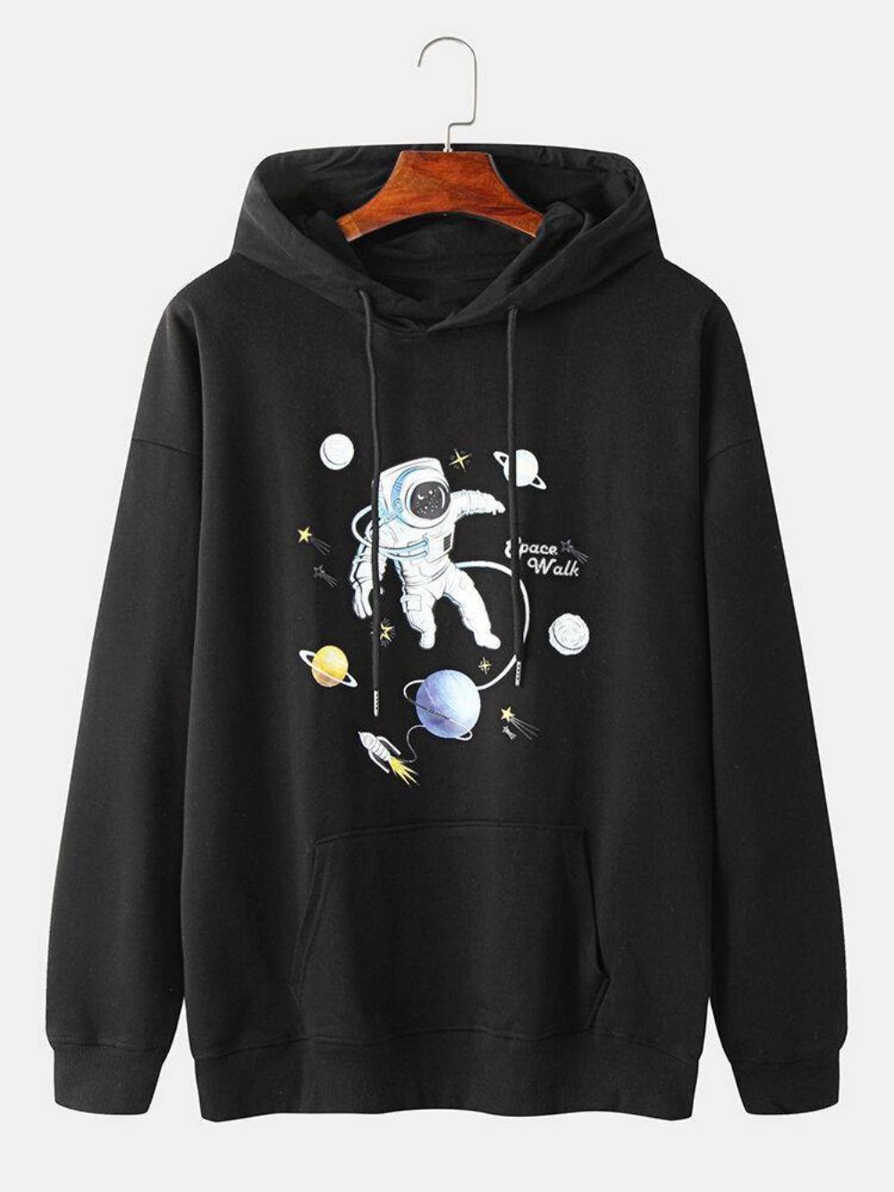 Katoenen Overhead-Hoodie Heren Met Planet Astronaut-Print Kangoeroezak