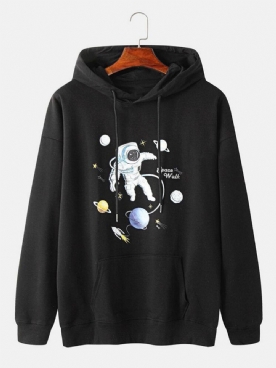 Katoenen Overhead-Hoodie Heren Met Planet Astronaut-Print Kangoeroezak