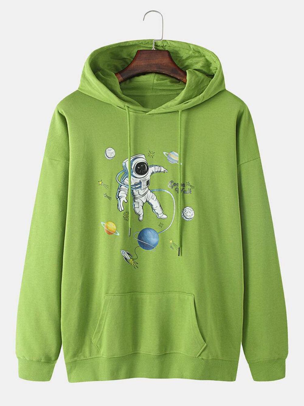 Katoenen Overhead-Hoodie Heren Met Planet Astronaut-Print Kangoeroezak