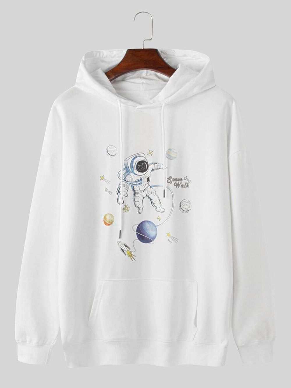 Katoenen Overhead-Hoodie Heren Met Planet Astronaut-Print Kangoeroezak