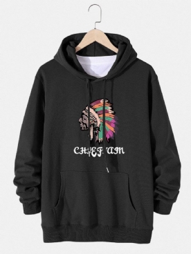 Katoenen Pullover-Hoodie Met Etnische Figuurprint Trekkoord Heren