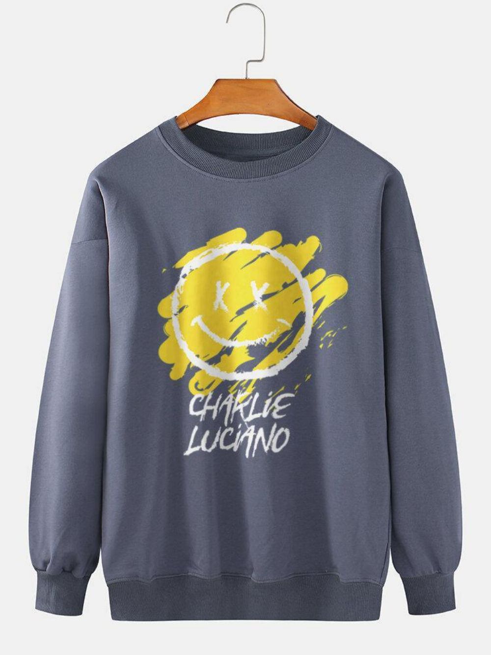 Katoenen Sweatshirts Met Letter Graffiti-Glimlachprint Heren Met Lange Mouwen