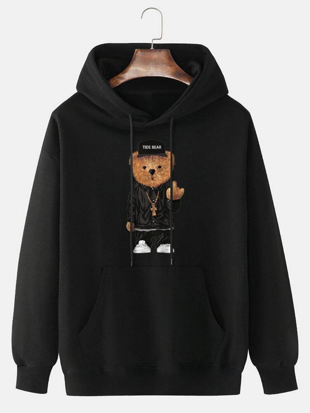 Mannen 100% Katoen Cartoon Bear Print Drop Shoulder Drawstring Hoodies