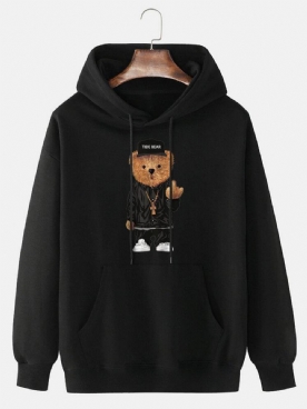 Mannen 100% Katoen Cartoon Bear Print Drop Shoulder Drawstring Hoodies