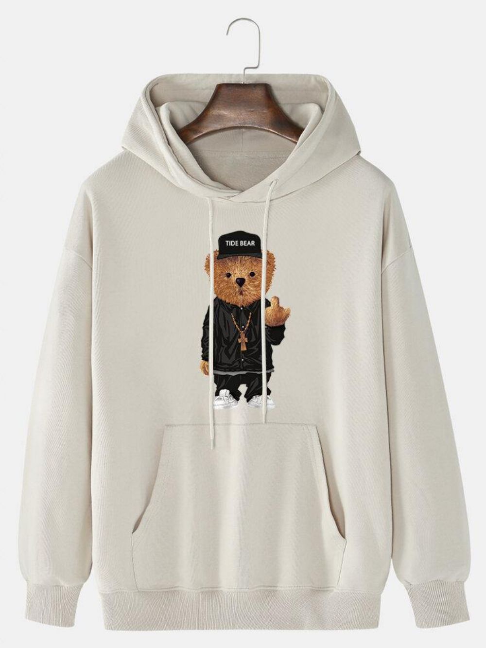 Mannen 100% Katoen Cartoon Bear Print Drop Shoulder Drawstring Hoodies