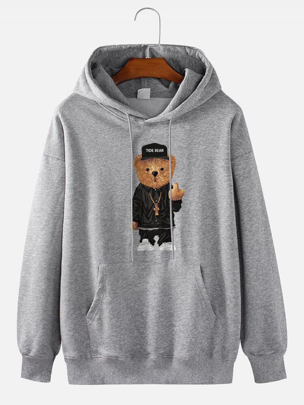 Mannen 100% Katoen Cartoon Bear Print Drop Shoulder Drawstring Hoodies