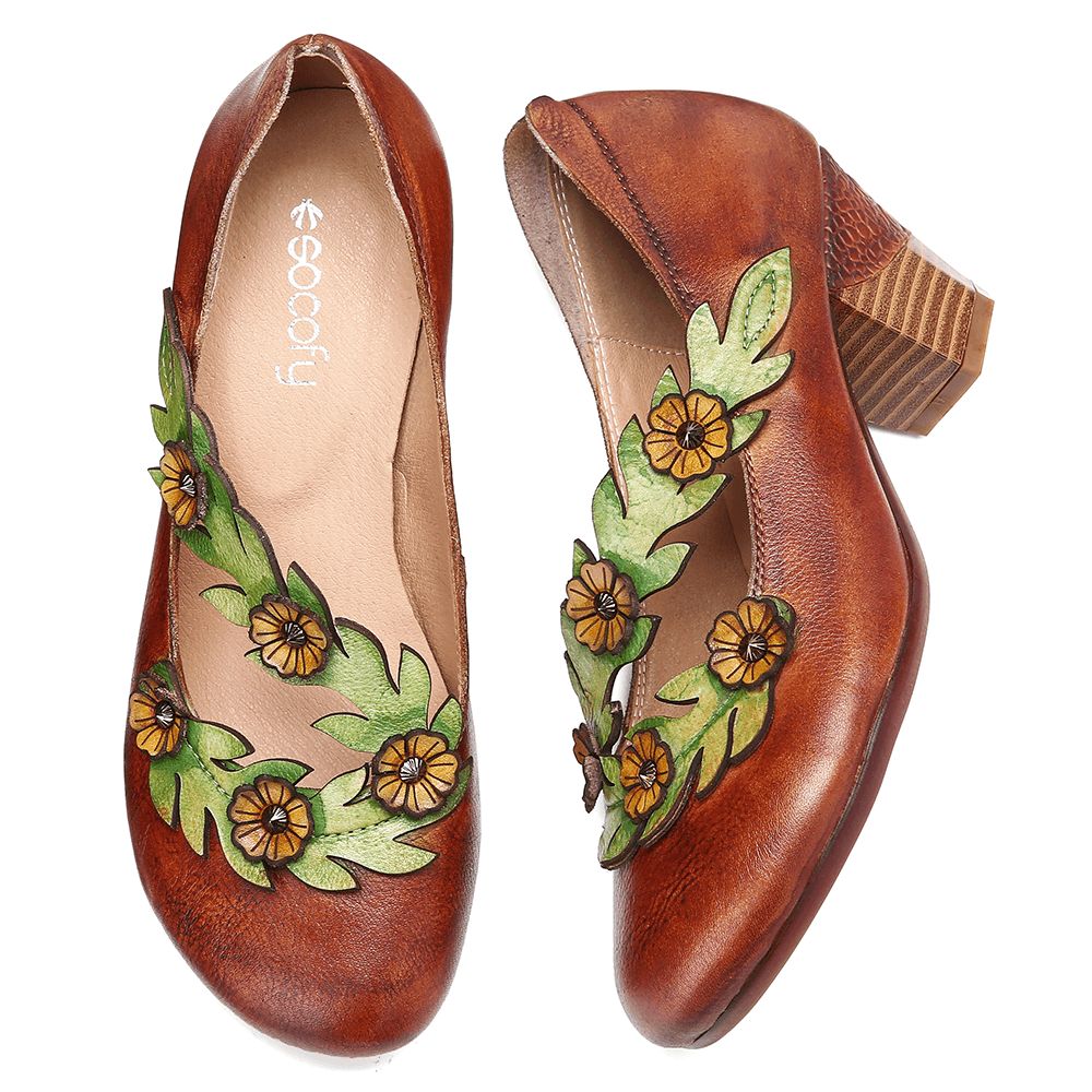 Dames Bloemdecoratie Echt Leer Slip-On Spring Pumps