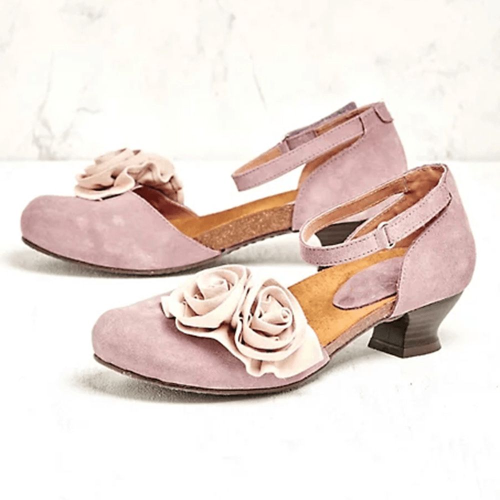 Dames Vintage Bloem Decoratie Ronde Neus Enkelbandje Haak Lus Casual Hakken Pumps