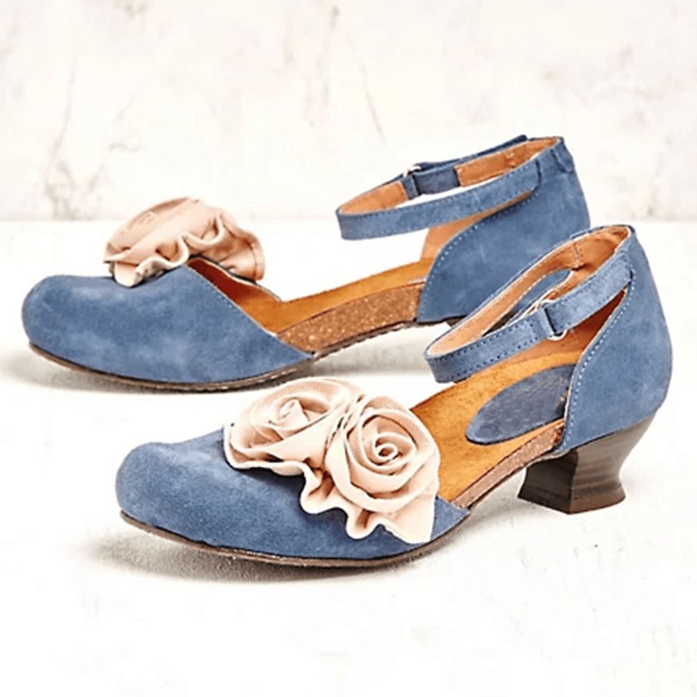 Dames Vintage Bloem Decoratie Ronde Neus Enkelbandje Haak Lus Casual Hakken Pumps